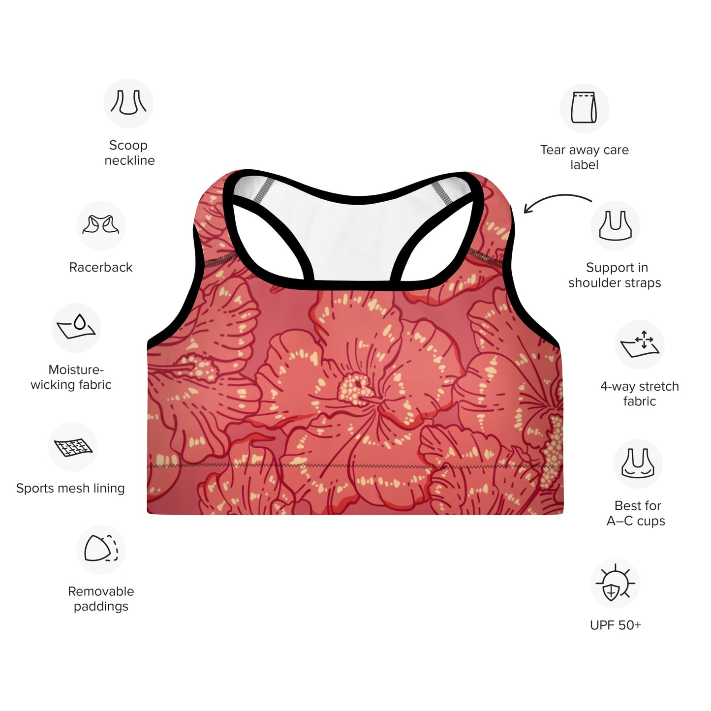 Red Hibiscus Padded Sports Bra