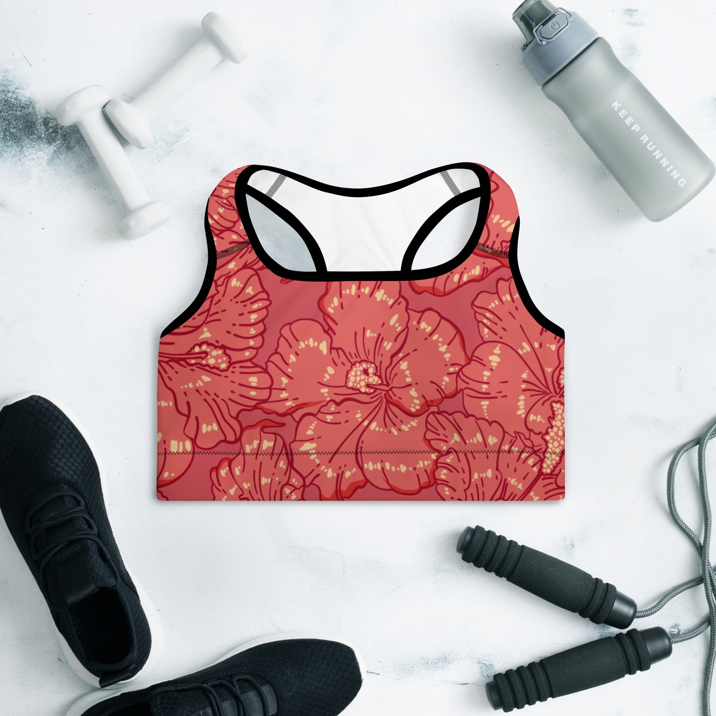 Red Hibiscus Padded Sports Bra