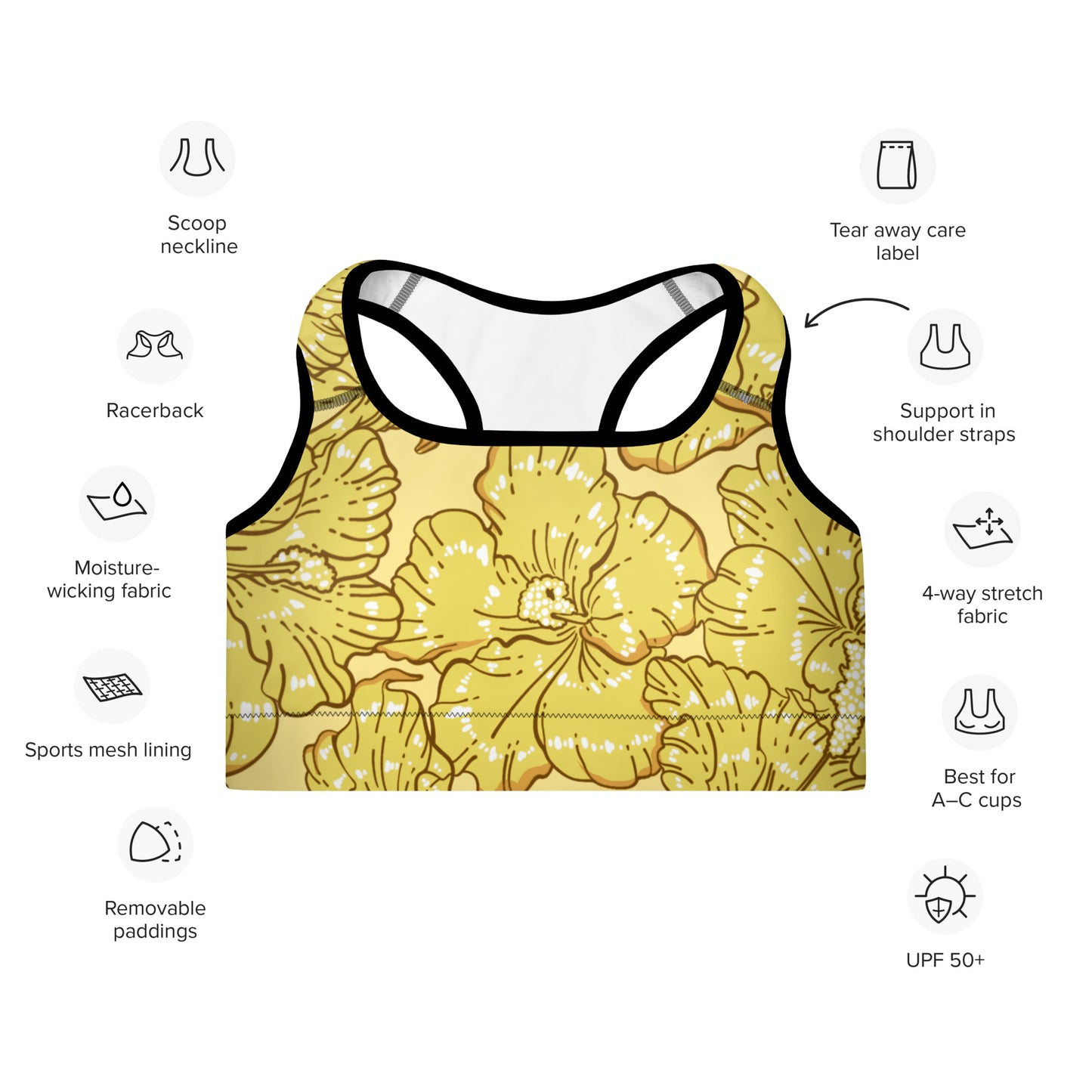 Gold Hibiscus Padded Sports Bra