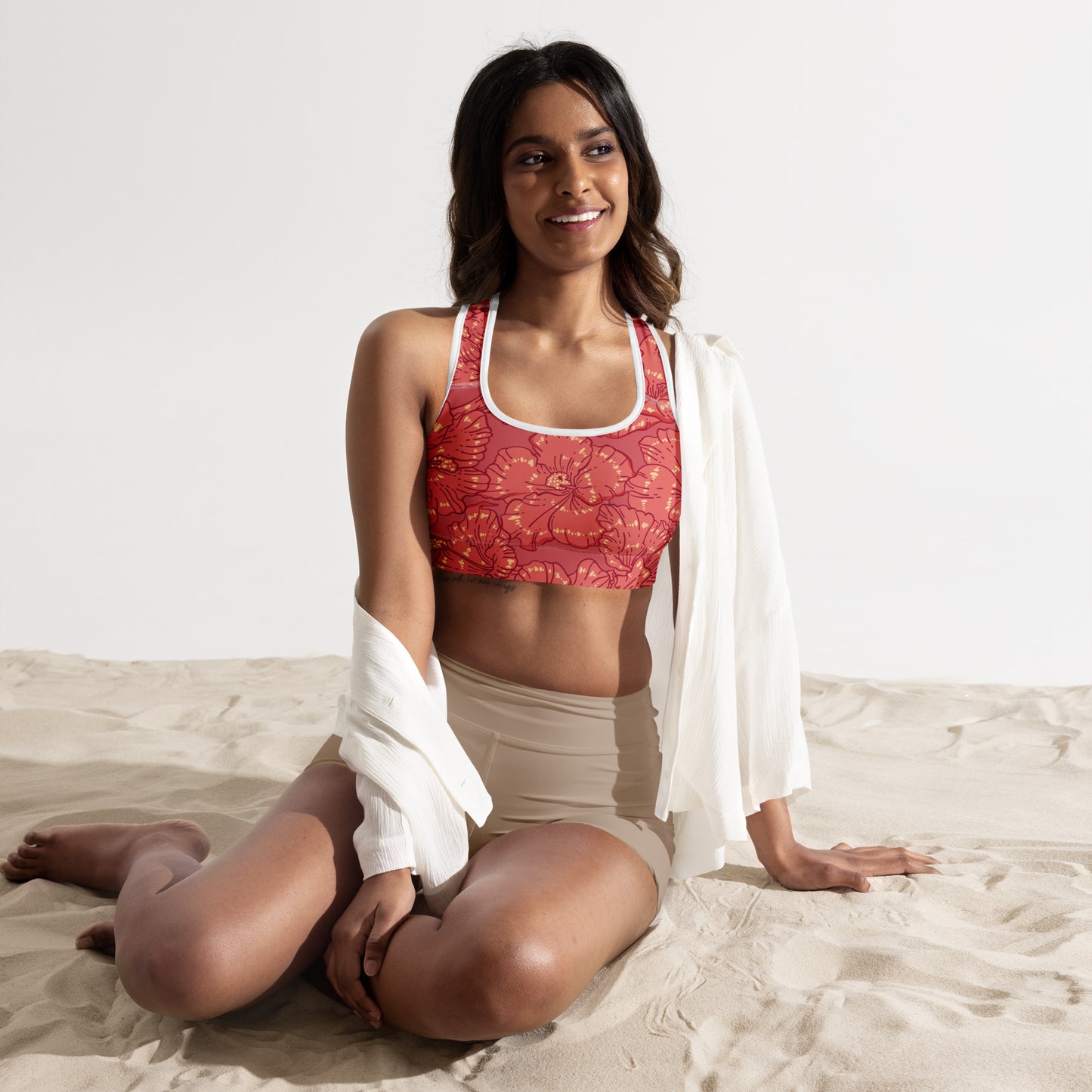 Red Hibiscus Padded Sports Bra