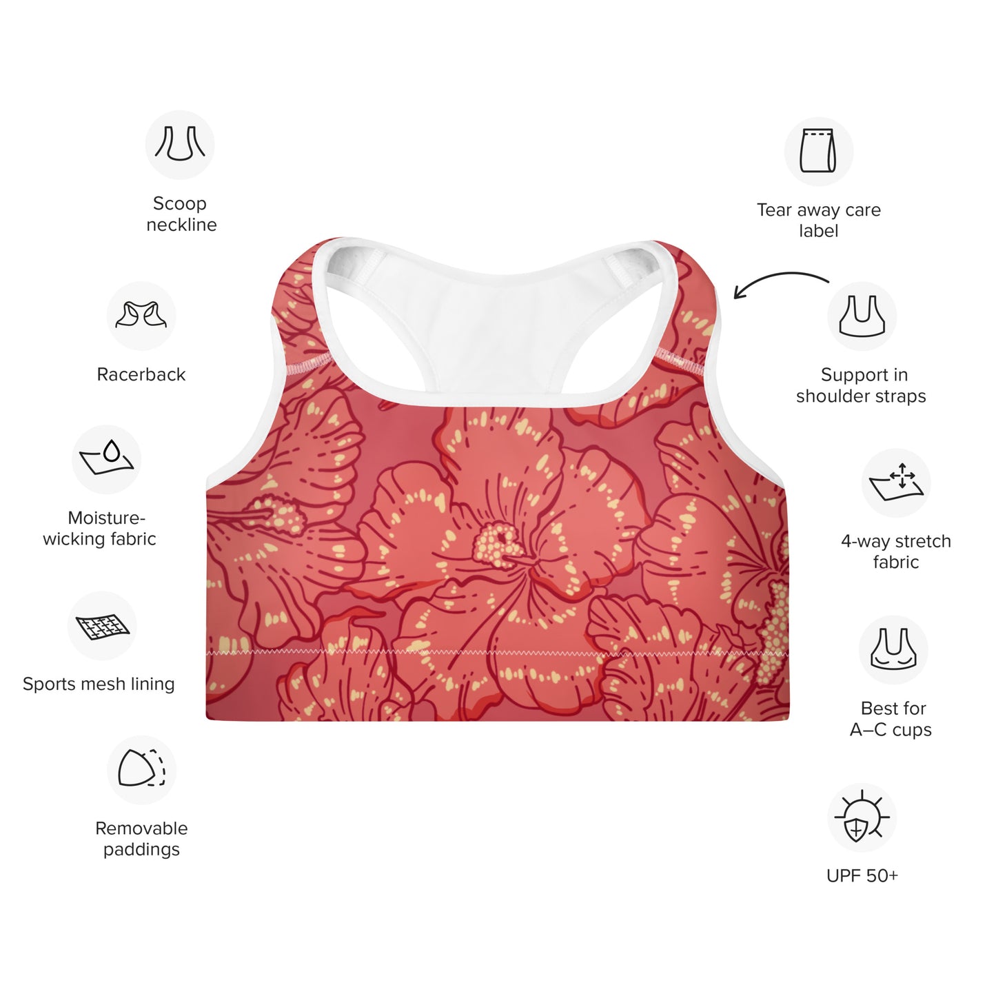 Red Hibiscus Padded Sports Bra