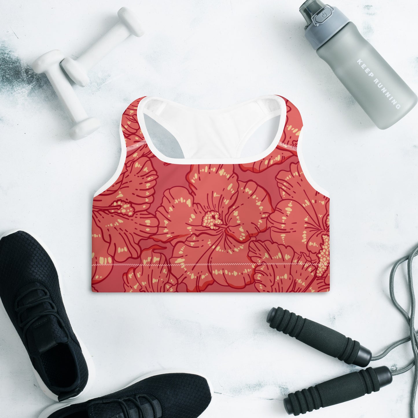 Red Hibiscus Padded Sports Bra