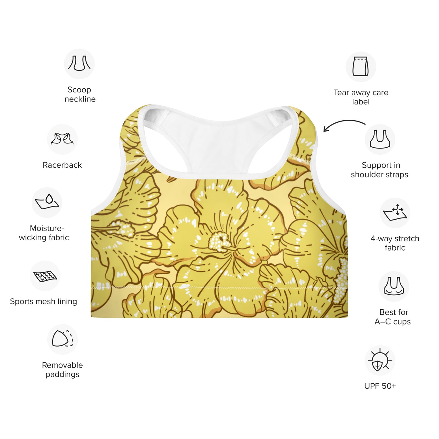 Gold Hibiscus Padded Sports Bra