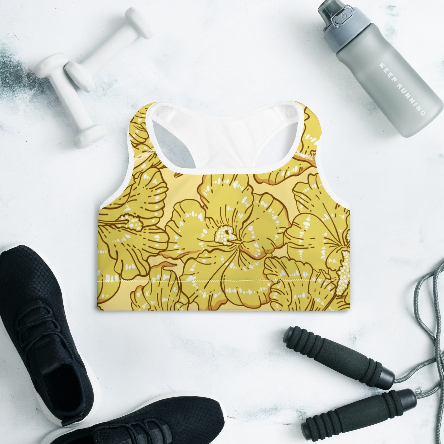 Gold Hibiscus Padded Sports Bra