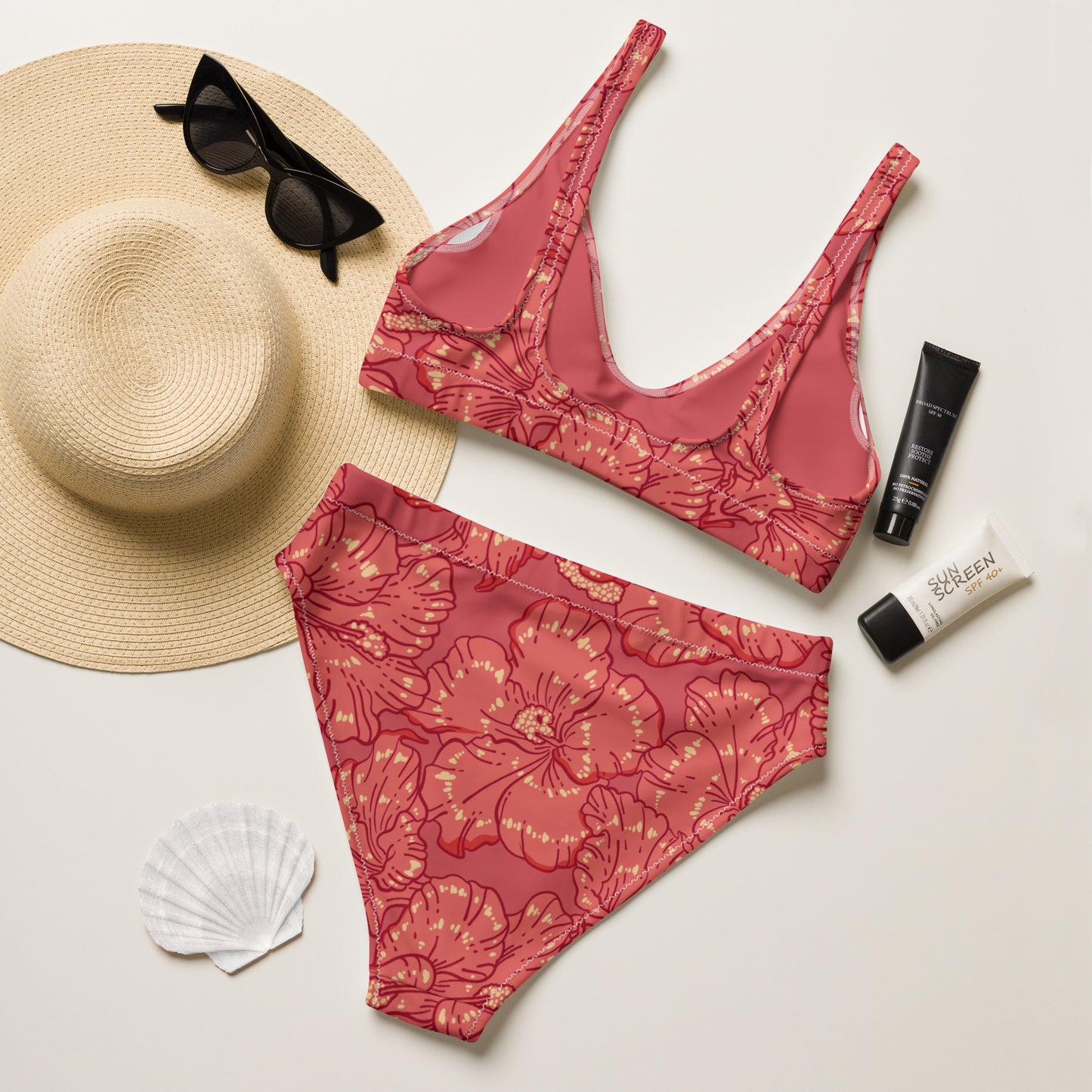 Red Hibiscus Recycled High-Waisted Bikini