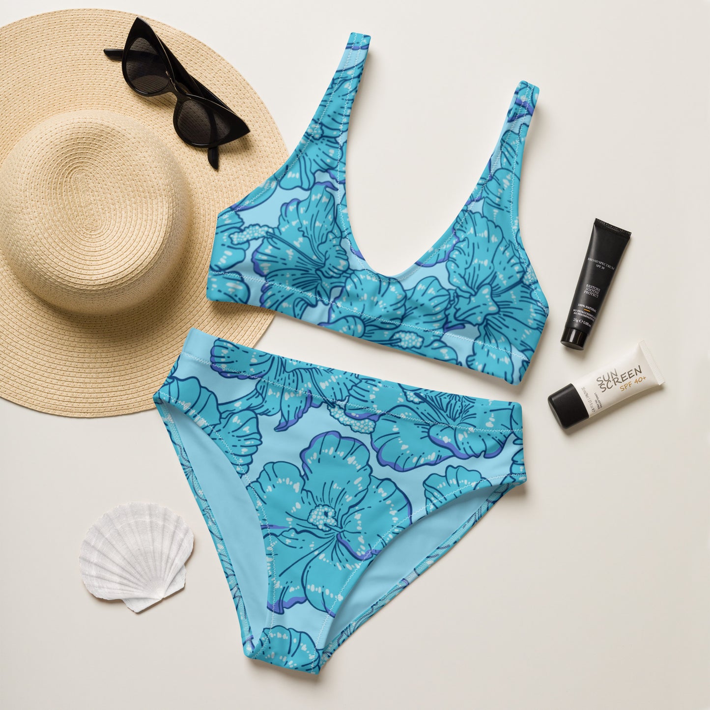 Blue Hibiscus Recycled High-Waisted Bikini