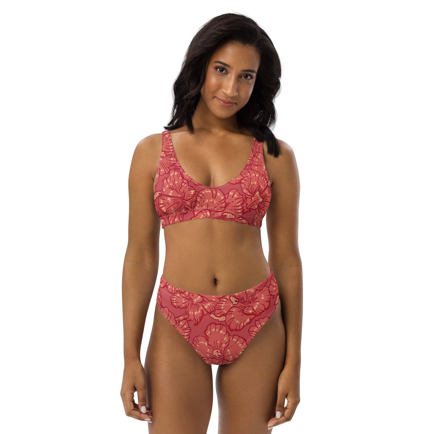 Red Hibiscus Recycled High-Waisted Bikini