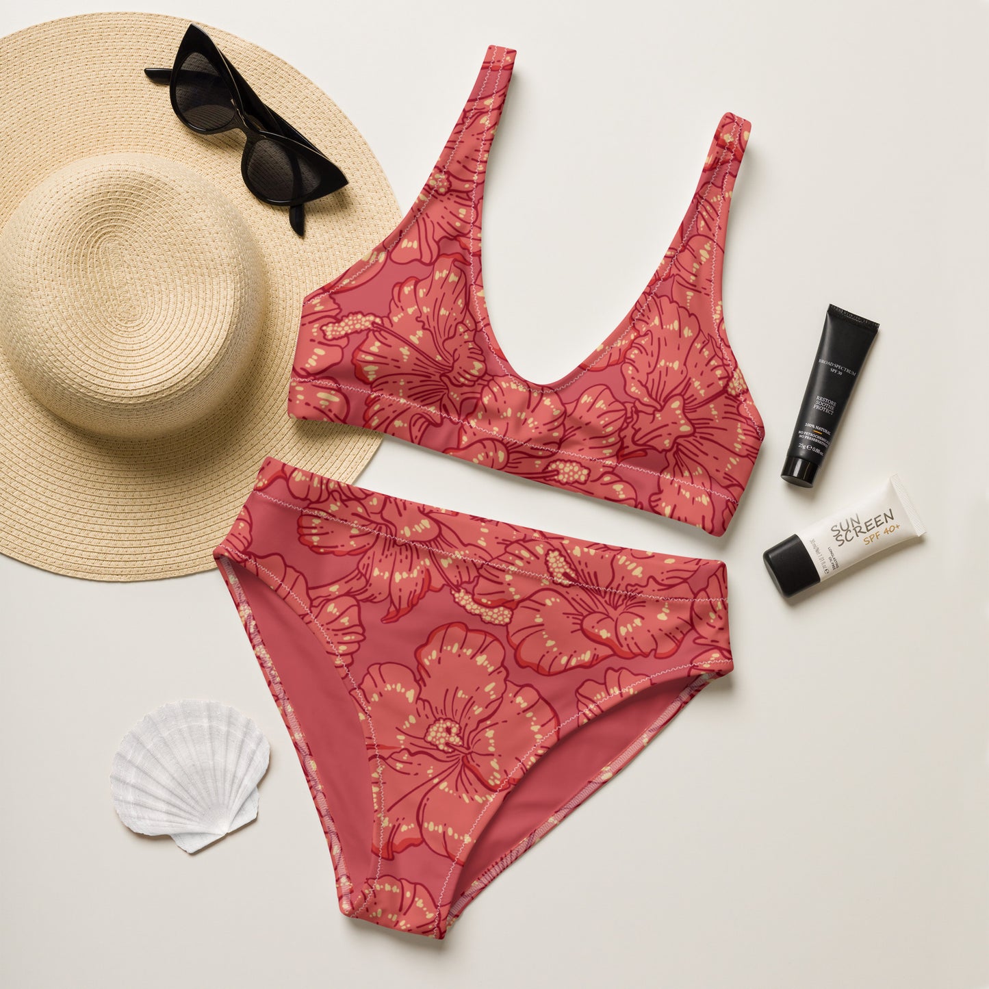 Red Hibiscus Recycled High-Waisted Bikini