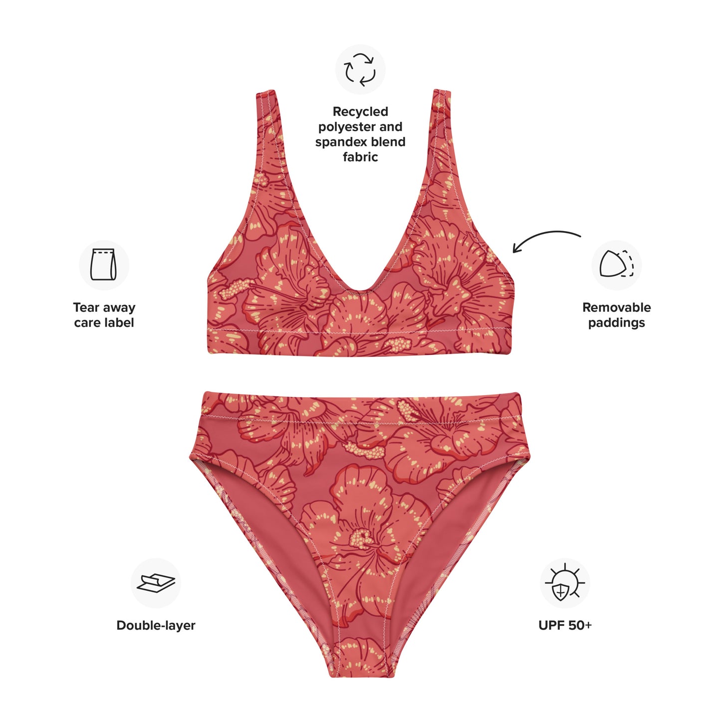 Red Hibiscus Recycled High-Waisted Bikini