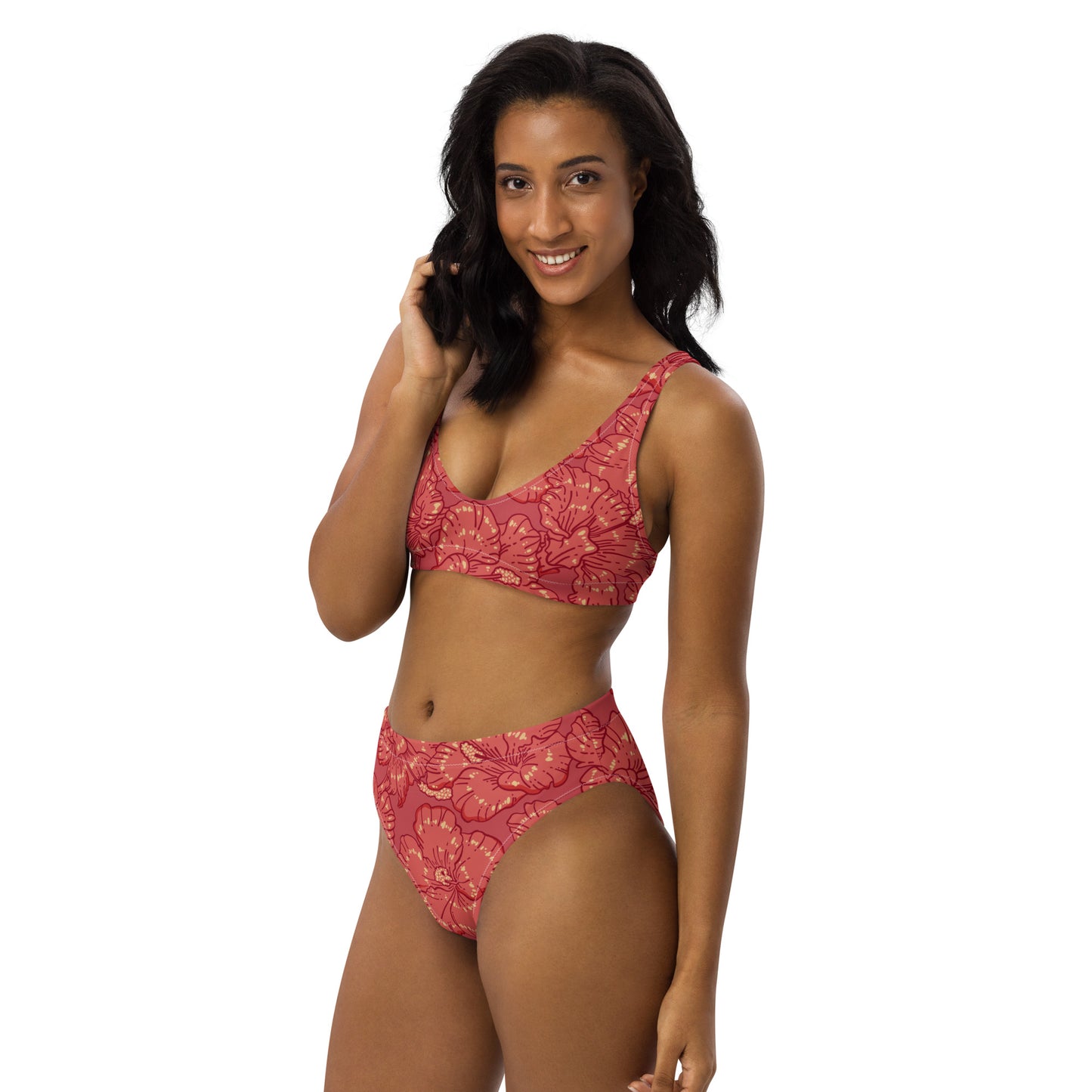 Red Hibiscus Recycled High-Waisted Bikini