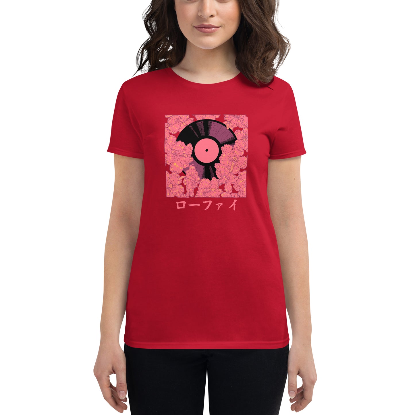 Red Hibiscus Vinyl Women's Short Sleeve T-Shirt